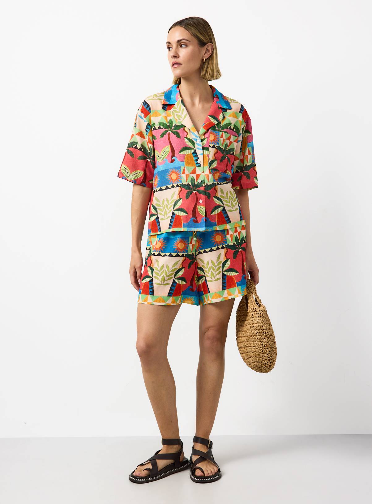 Beach Print Linen Blend Revere Neck Shirt 8 - Image 2